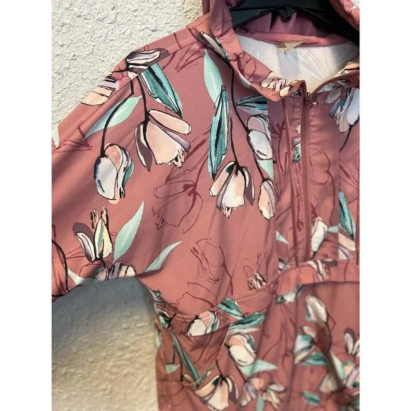 CALIA Anywhere Printed Woven Pullover Hoodie Floral Windbreaker Cinched Waist M - Picture 4 of 8